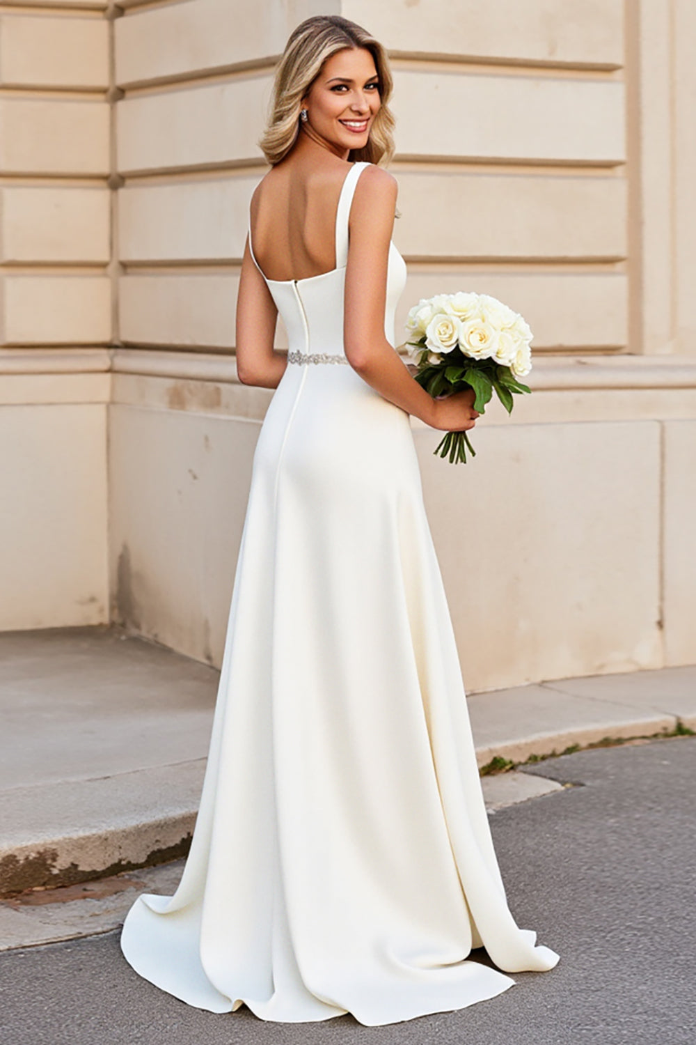 Wedtrend Women Simple Ivory Wedding Dress A Line Satin Beaded Square Neck Long Bridal Dress WEDTREND Wedtrend Women Simple Ivory Wedding Dress A Line Satin Beaded Square Neck Long Bridal Dress WEDTREND