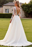 Ivory V-Neck Lace Appliques A Line Wedding Dress with Long Sleeves