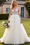 Ivory V-Neck Lace Appliques A Line Wedding Dress with Long Sleeves