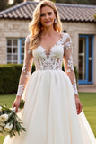 Ivory V-Neck Lace Appliques A Line Wedding Dress with Long Sleeves