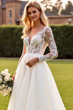Ivory V-Neck Lace Appliques A Line Wedding Dress with Long Sleeves