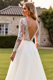 Ivory V-Neck Lace Appliques A Line Wedding Dress with Long Sleeves