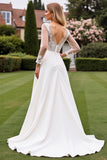 Ivory Cut Out Lace A Line Wedding Dress with Long Sleeves