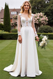 Ivory Cut Out Lace A Line Wedding Dress with Long Sleeves