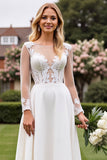 Ivory Cut Out Lace A Line Wedding Dress with Long Sleeves
