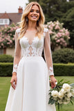 Ivory Cut Out Lace A Line Wedding Dress with Long Sleeves