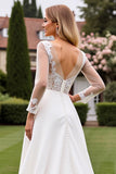 Ivory Cut Out Lace A Line Wedding Dress with Long Sleeves