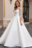 Ivory V-Neck A Line Lace Wedding Dress with Long Sleeves