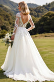 A Line Ivory Lace Appliqued Wedding Dress with Long Sleeves