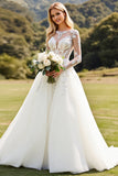 A Line Ivory Lace Appliqued Wedding Dress with Long Sleeves