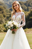 A Line Ivory Lace Appliqued Wedding Dress with Long Sleeves