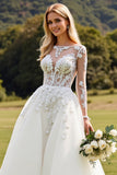 A Line Ivory Lace Appliqued Wedding Dress with Long Sleeves