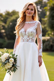 A Line Ivory Lace Appliqued Long Sleeves Wedding Dress