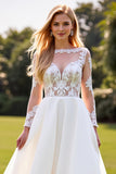 A Line Ivory Lace Appliqued Long Sleeves Wedding Dress