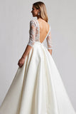 A Line Ivory Lace Appliqued Half Sleeves Wedding Dress