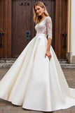 A Line Ivory Lace Appliqued Half Sleeves Wedding Dress