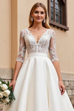 A Line Ivory Lace Appliqued Half Sleeves Wedding Dress