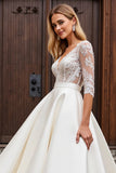 A Line Ivory Lace Appliqued Half Sleeves Wedding Dress