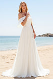 A Line Ivory Off The Shoulder Pleated Long Wedding Dress with Slit