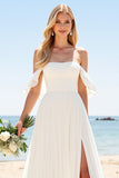 A Line Ivory Off The Shoulder Pleated Long Wedding Dress with Slit
