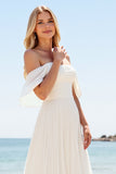 A Line Ivory Off The Shoulder Pleated Long Wedding Dress with Slit