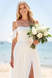 A Line Ivory Off The Shoulder Pleated Long Wedding Dress with Slit