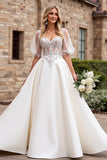 Ivory A Line Lace Appliqued Half Sleeves Wedding Dress