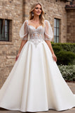 Ivory A Line Lace Appliqued Half Sleeves Wedding Dress