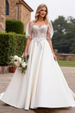 Ivory A Line Lace Appliqued Half Sleeves Wedding Dress