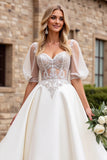 Ivory A Line Lace Appliqued Half Sleeves Wedding Dress