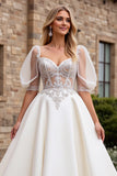 Ivory A Line Lace Appliqued Half Sleeves Wedding Dress
