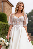 Ivory A Line Lace Appliqued Half Sleeves Wedding Dress