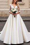 Ivory Lace Appliqued A Line Half Sleeves Wedding Dress