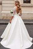 Ivory Lace Appliqued A Line Half Sleeves Wedding Dress