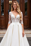 Ivory Lace Appliqued A Line Half Sleeves Wedding Dress