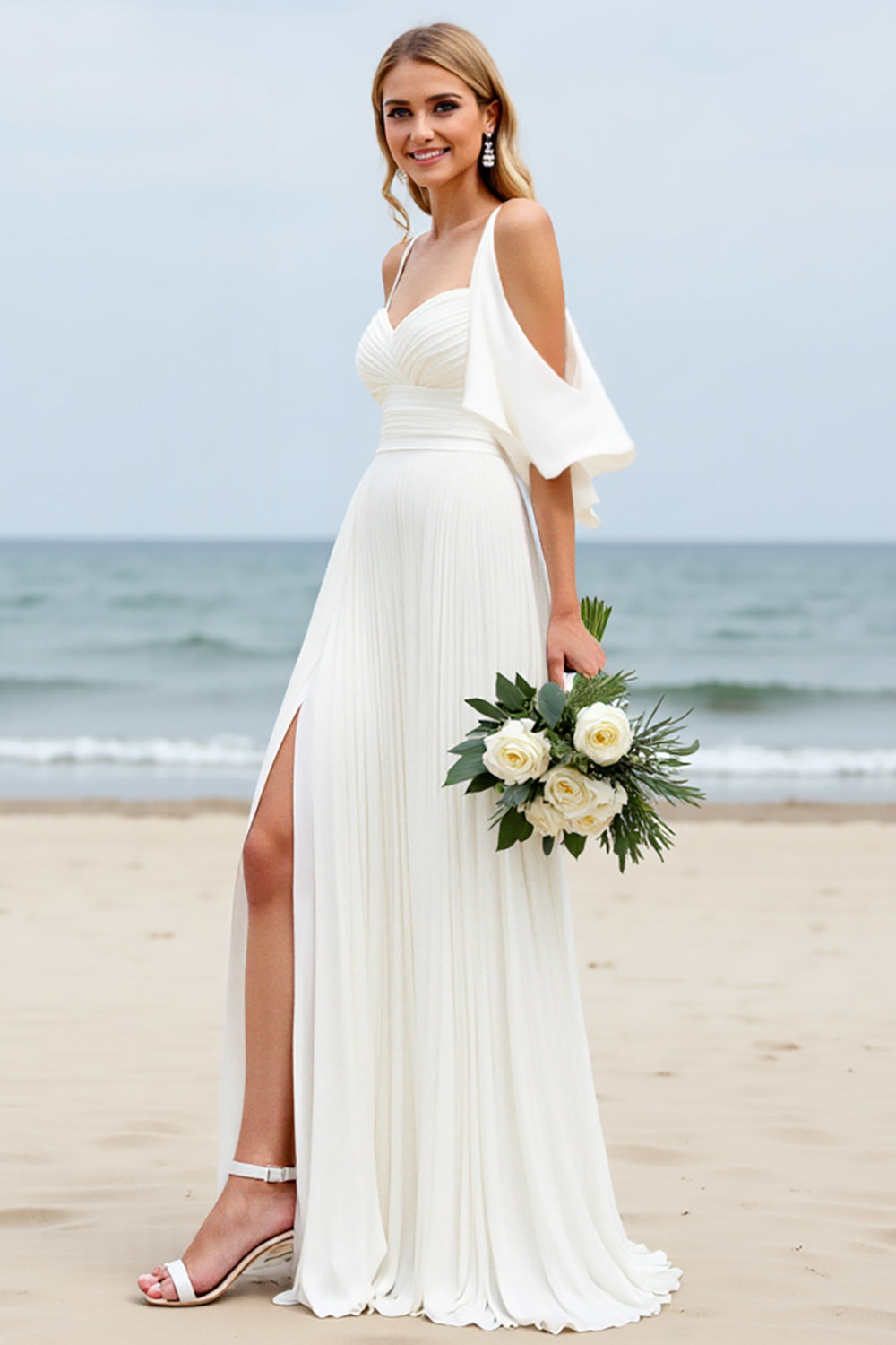 Wedtrend Women White Wedding Dress with Slit Cold Shoulder Pleated Long Bridal Dress WEDTREND Wedtrend Women White Wedding Dress with Slit Cold Shoulder Pleated Long Bridal Dress WEDTREND