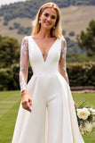 A Line Long Sleeves Ivory Appliqued Wedding Dress