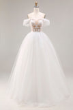 Ivory Off the Shoulder A Line Appliqued Tulle Wedding Dress