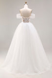 Ivory Off the Shoulder A Line Appliqued Tulle Wedding Dress
