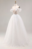Ivory Off the Shoulder A Line Appliqued Tulle Wedding Dress