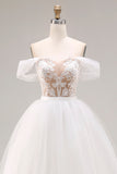 Ivory Off the Shoulder A Line Appliqued Tulle Wedding Dress