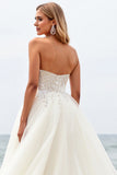 Ivory Strapless Lace Tulle A Line Boho Wedding Dress