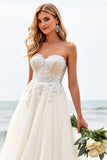 Ivory Strapless Lace Tulle A Line Boho Wedding Dress