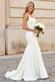 Ivory Square Neck Sleeveless Mermaid Satin Wedding Dress