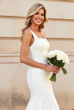 Ivory Square Neck Sleeveless Mermaid Satin Wedding Dress
