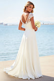 Ivory Stretch Satin Lace A Line Boat Neck Wedding Dress
