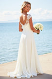 Ivory Stretch Satin Lace A Line Boat Neck Wedding Dress