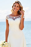 Ivory Stretch Satin Lace A Line Boat Neck Wedding Dress