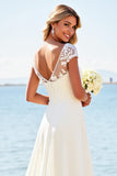Ivory Stretch Satin Lace A Line Boat Neck Wedding Dress