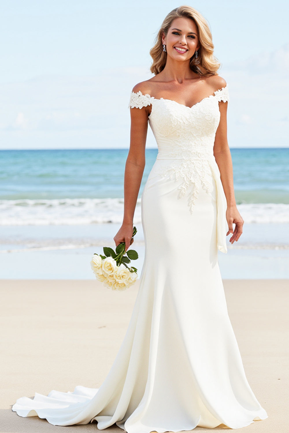 Wedtrend Women Lace Ivory Wedding Dress Stretch Satin Mermaid Off the Shoulder Long Bridal Dress WEDTREND Wedtrend Women Lace Ivory Wedding Dress Stretch Satin Mermaid Off the Shoulder Long Bridal Dress WEDTREND
